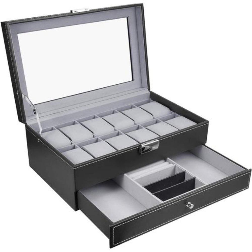 Leather Watch Box 12 Mens Watch Organizer with Jewelry Display Drawer Lockable